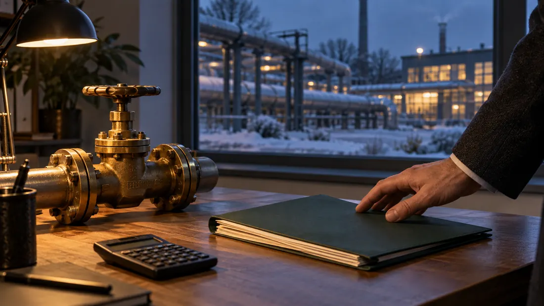 Illustration IA : vanne de gaz, documents contractuels et calculatrice devant un site industriel en hiver