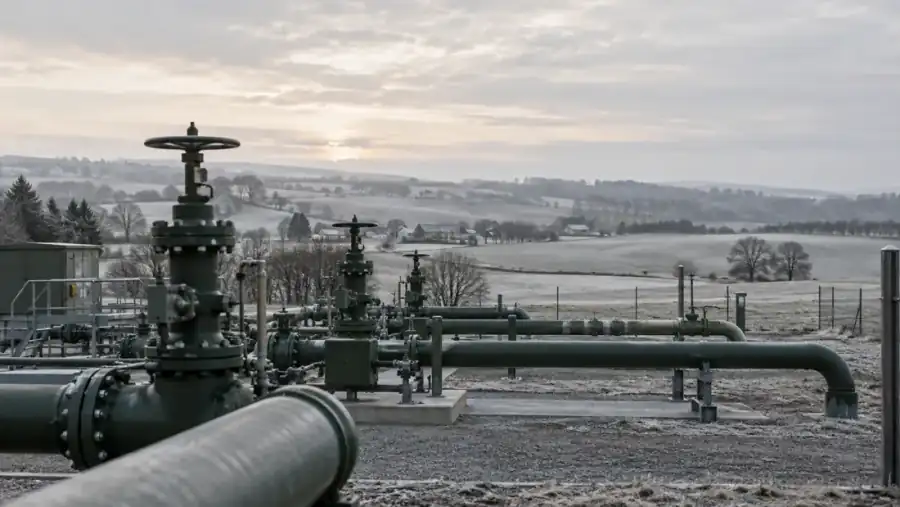 Illustration par IA d’une installation de stockage de gaz en hiver