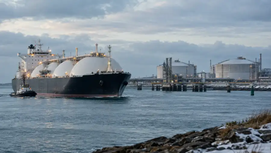 LNG-Tanker mit Schlepper vor einem generischen Terminal in winterlicher Küstenlandschaft
