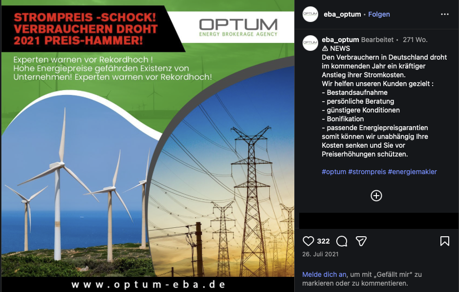 OPTUM Instagram-Beitrag vom 26. Juli 2021 mit der Warnung vor steigenden Strompreisen.
