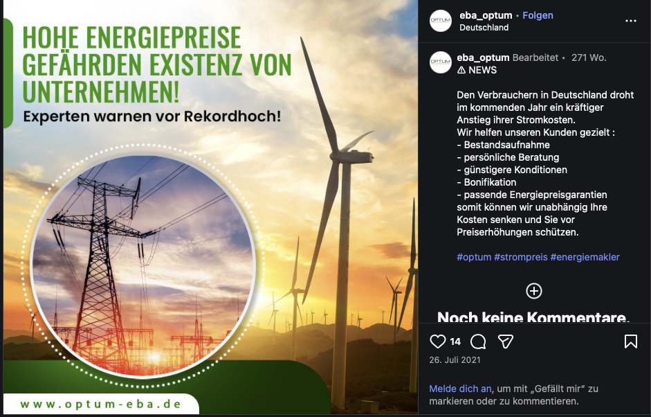 Weiterer OPTUM Instagram-Beitrag vom 26. Juli 2021: Hohe Energiepreise gefährden Unternehmen.