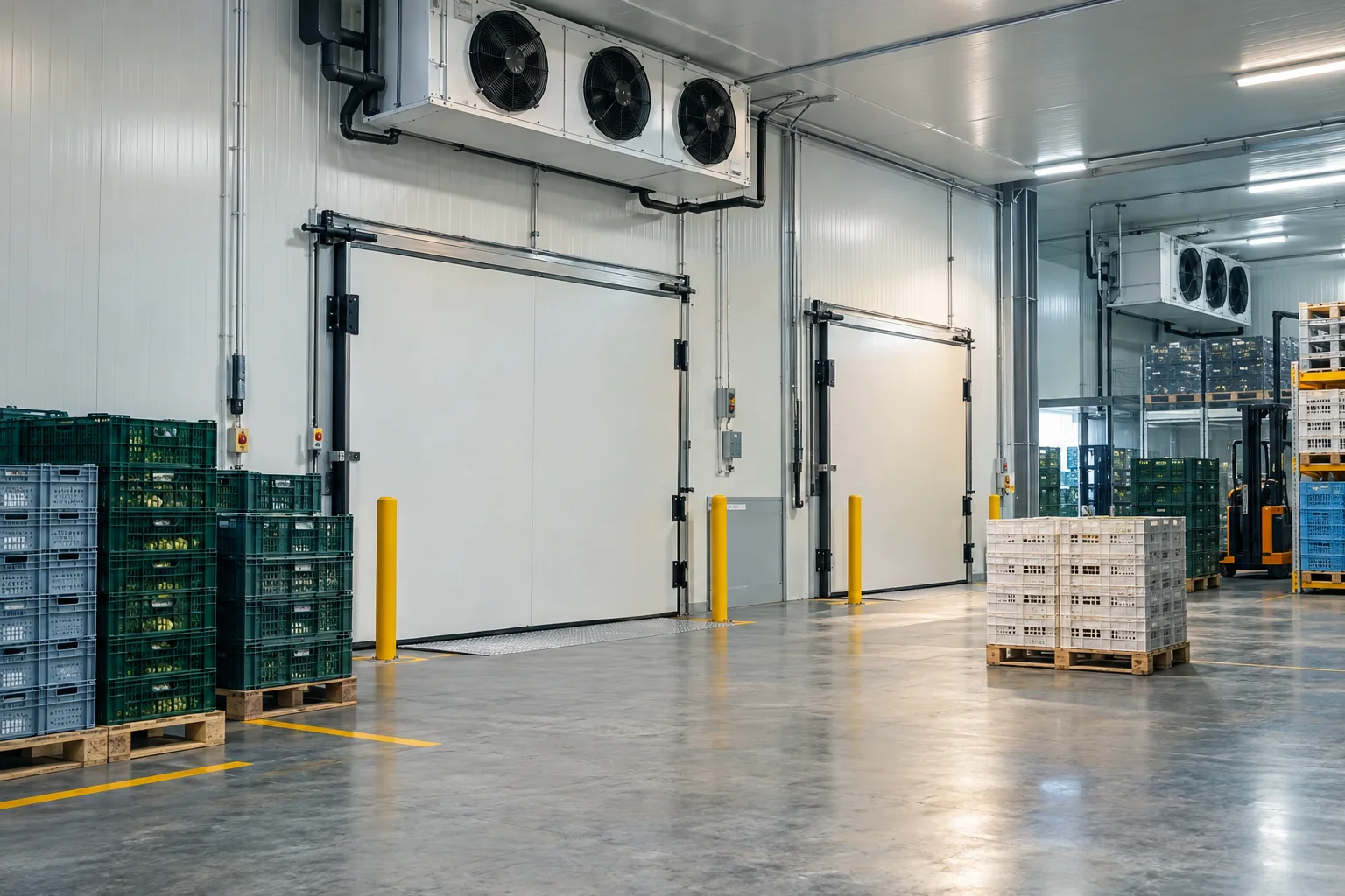 Kühlhaus mit geschlossenen Kühlraumtüren und geordneten Transportkisten – generiertes Symbolmotiv.