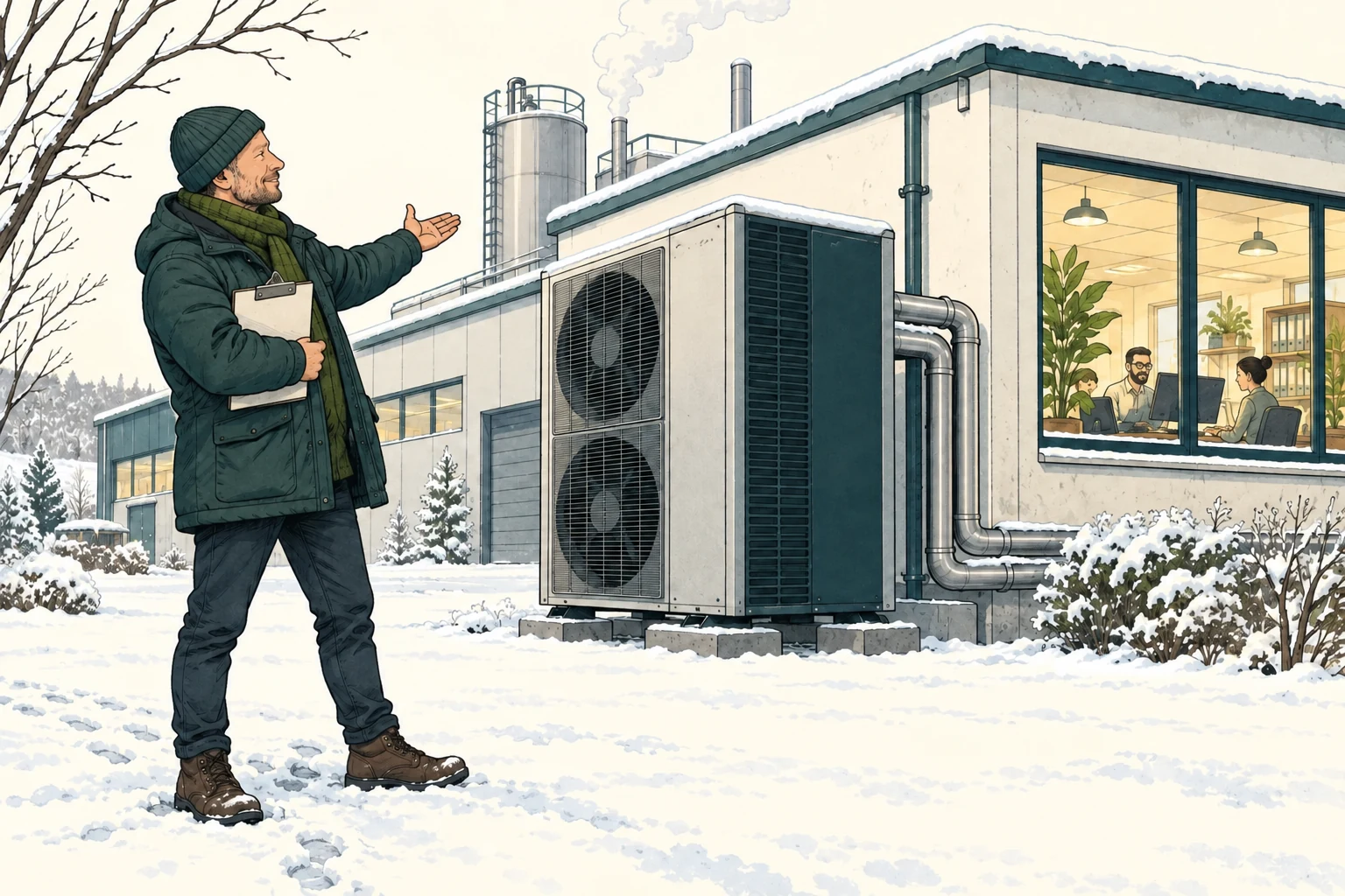 Redaktionelle Illustration zum Thema Wärmepumpe im Gewerbe: Strombedarf und Beschaffung planen