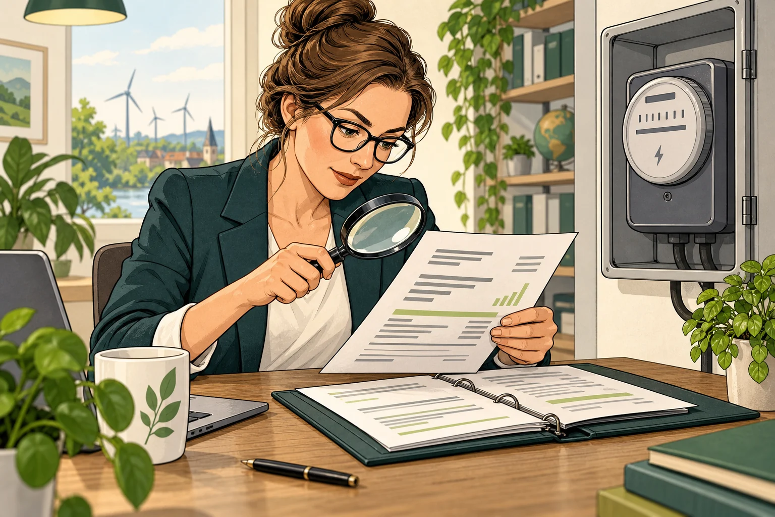 Redaktionelle Illustration: Rechnung, Messung und Vertragsbedingungen auf derselben Grundlage vergleichen.