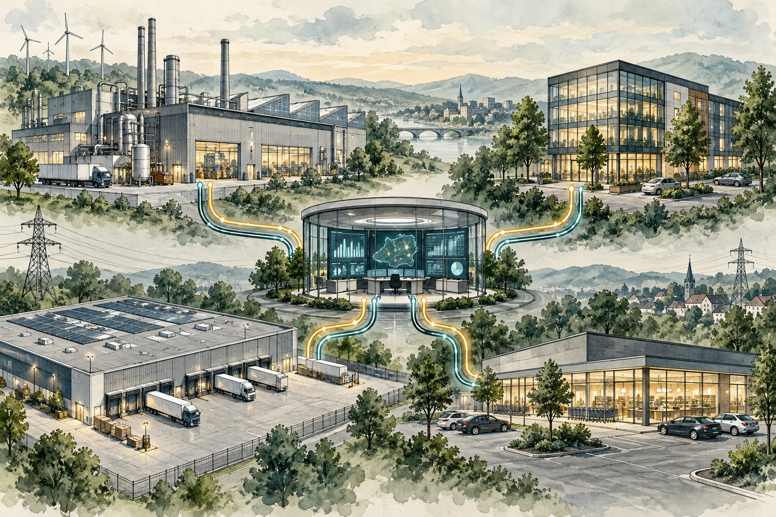 Fabrik, Büro, Lager und Filiale laufen in einer zentralen Energiebeschaffung zusammen