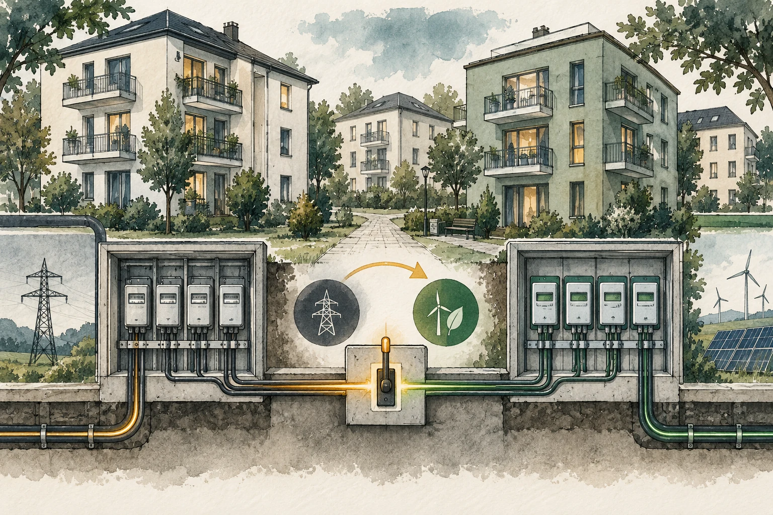 Des immeubles d’habitation et leurs compteurs sont transférés de manière organisée vers un nouveau dispositif de fourniture.