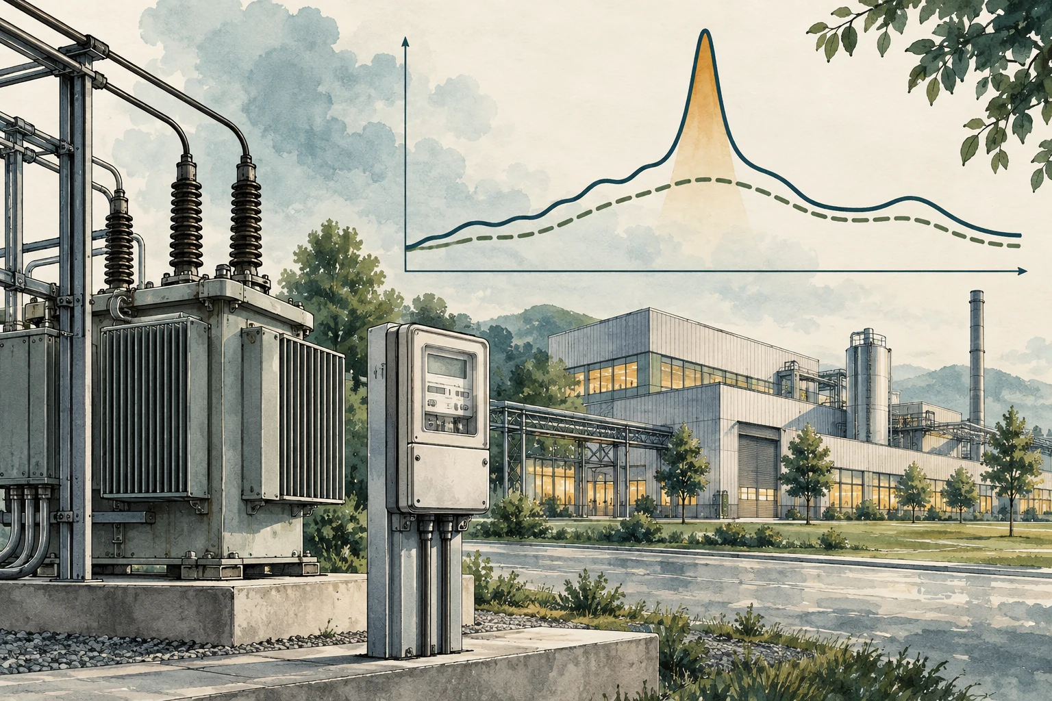 Transformateur et compteur RLM avec courbe de puissance élevée et lissée d'une installation industrielle