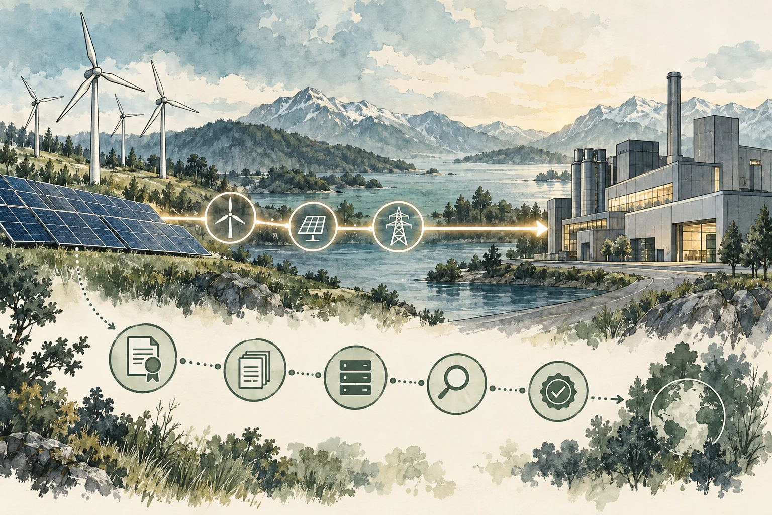 Wind- und Solarstrom erreichen einen Industriebetrieb über Energie- und Herkunftsnachweiswege