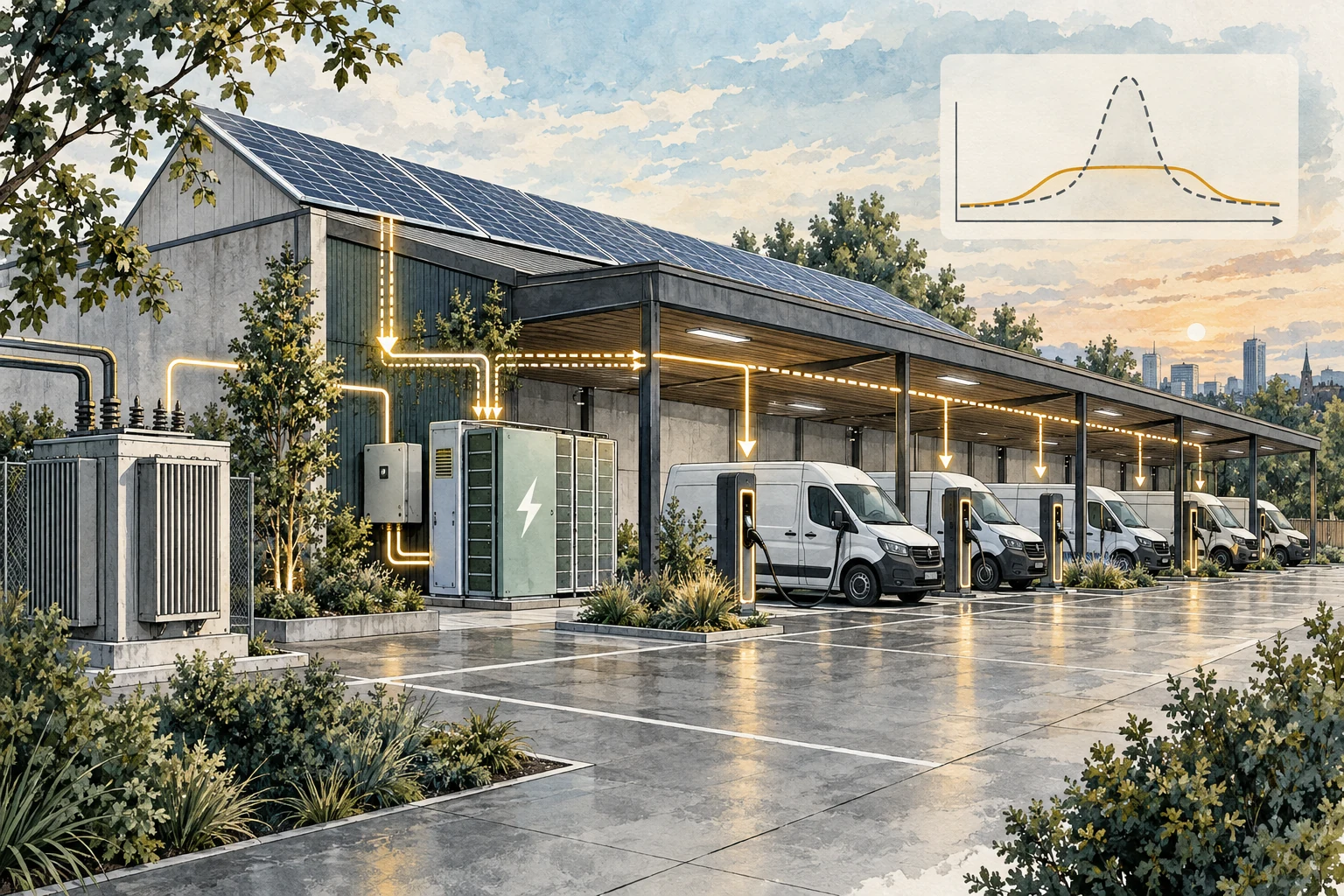 Gewerblicher Ladepark mit Transformator, Photovoltaik, Speicher und geglätteter Lastkurve