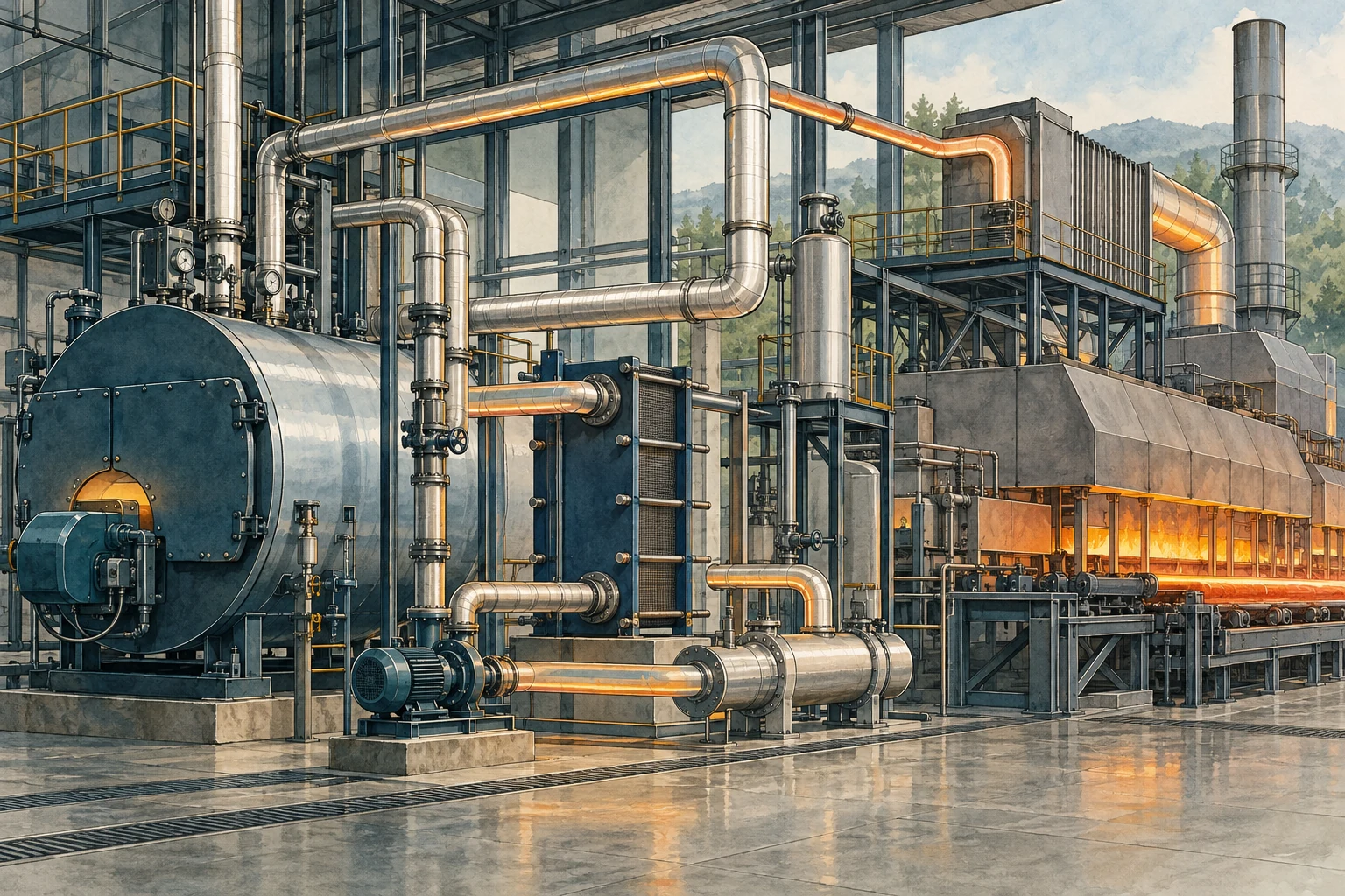 Kessel, Wärmetauscher und Rückgewinnung versorgen eine industrielle Produktionslinie mit Prozesswärme