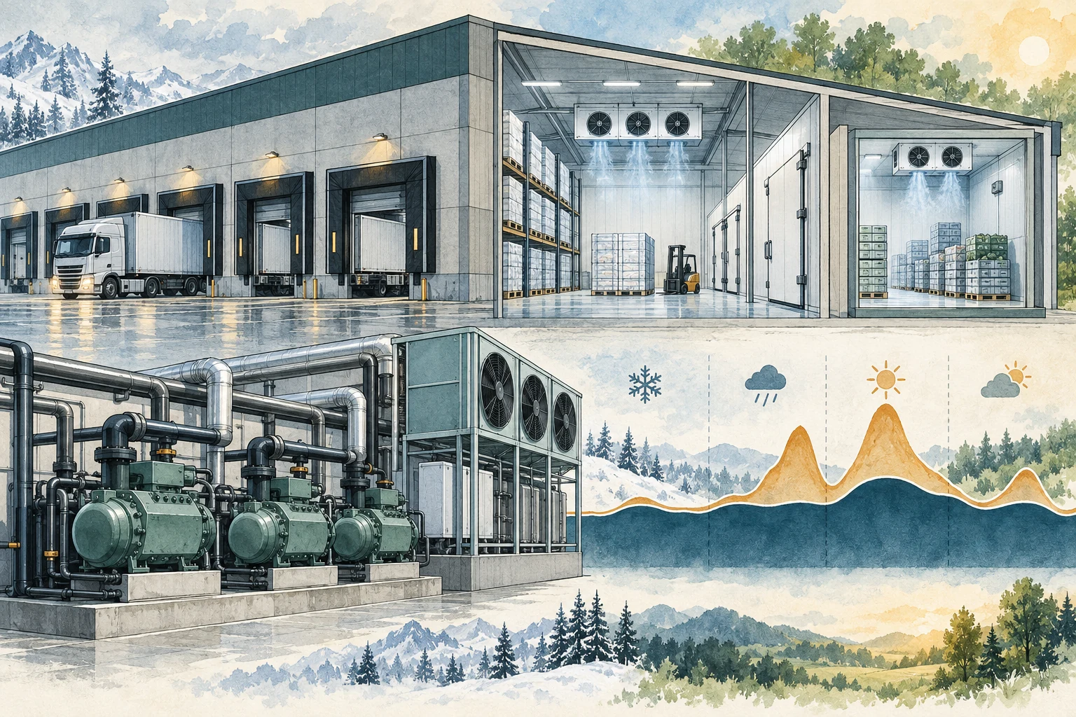 Kühlhaus, Kältemaschinen und wetterabhängiges Stromprofil eines Logistikbetriebs