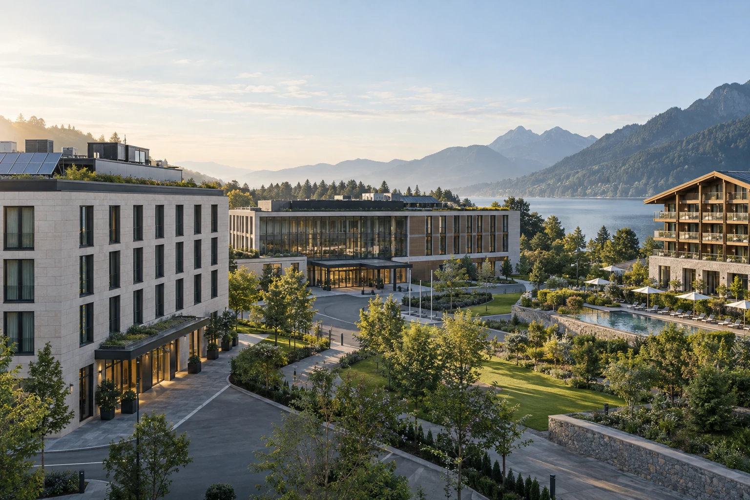 Illustration einer Hotelanlage mit verschiedenen Gebäuden und eigener Energietechnik