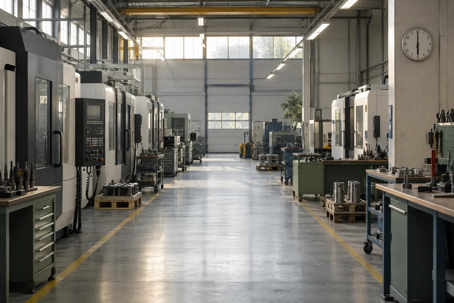 Production hall with closed machines before the start of a shift as a symbol for time-dependent electricity demand