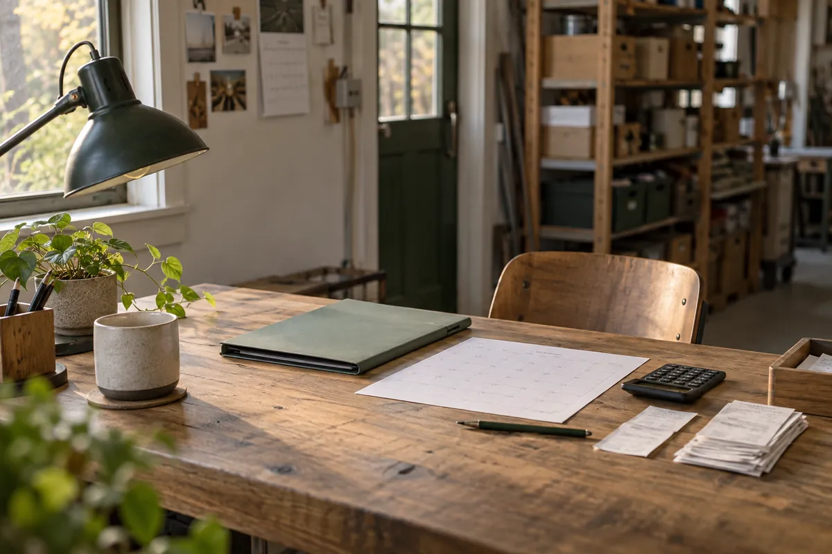 Bureau dans un atelier avec feuille de planification, reçus et calculatrice.