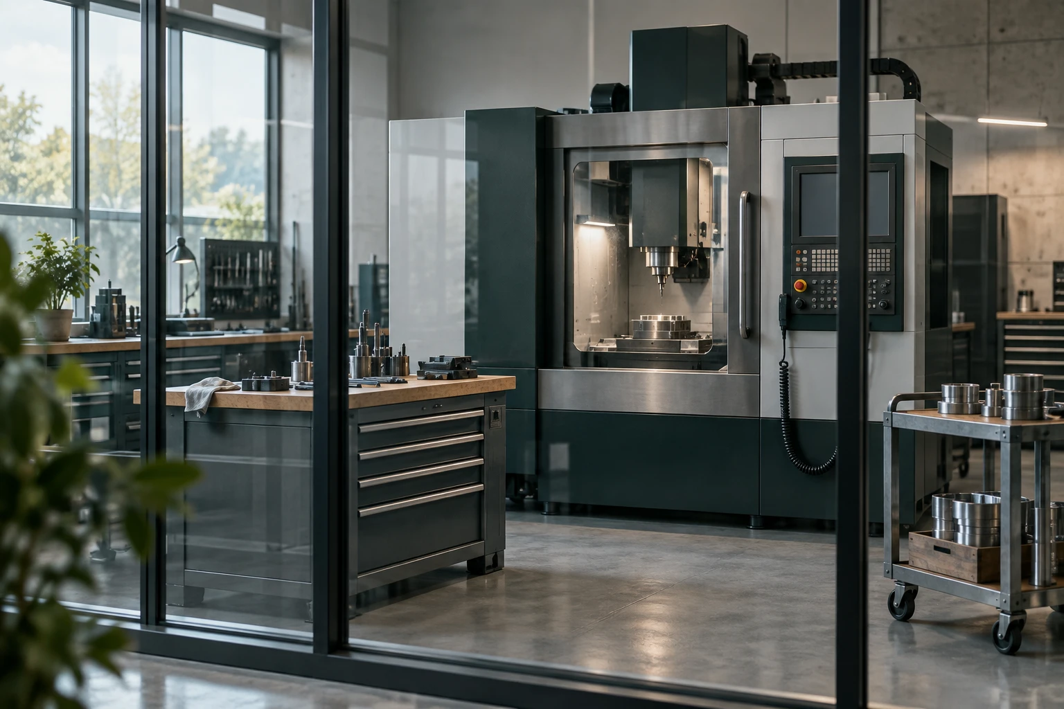 Präzisionswerkstatt mit CNC-Maschine und geordnetem Arbeitsplatz – generiertes Symbolmotiv.