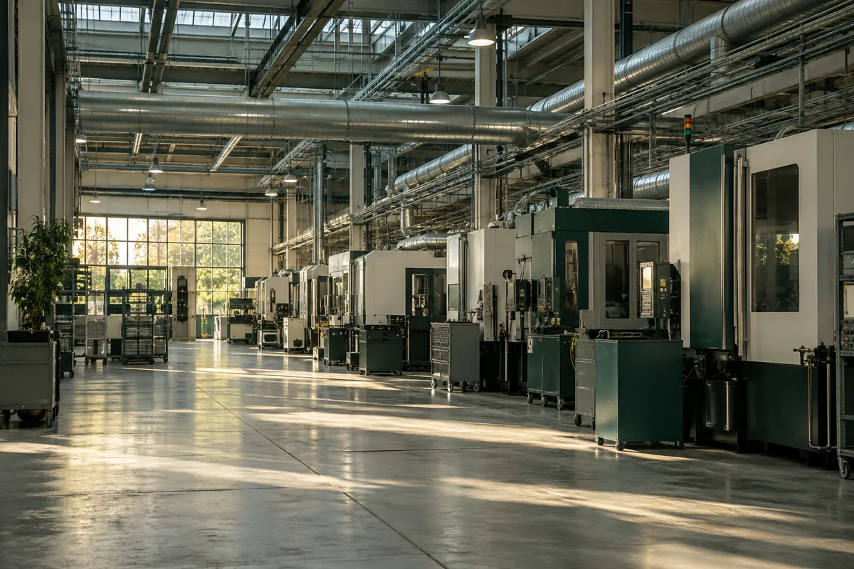 Hall de production calme avec machines et services techniques.