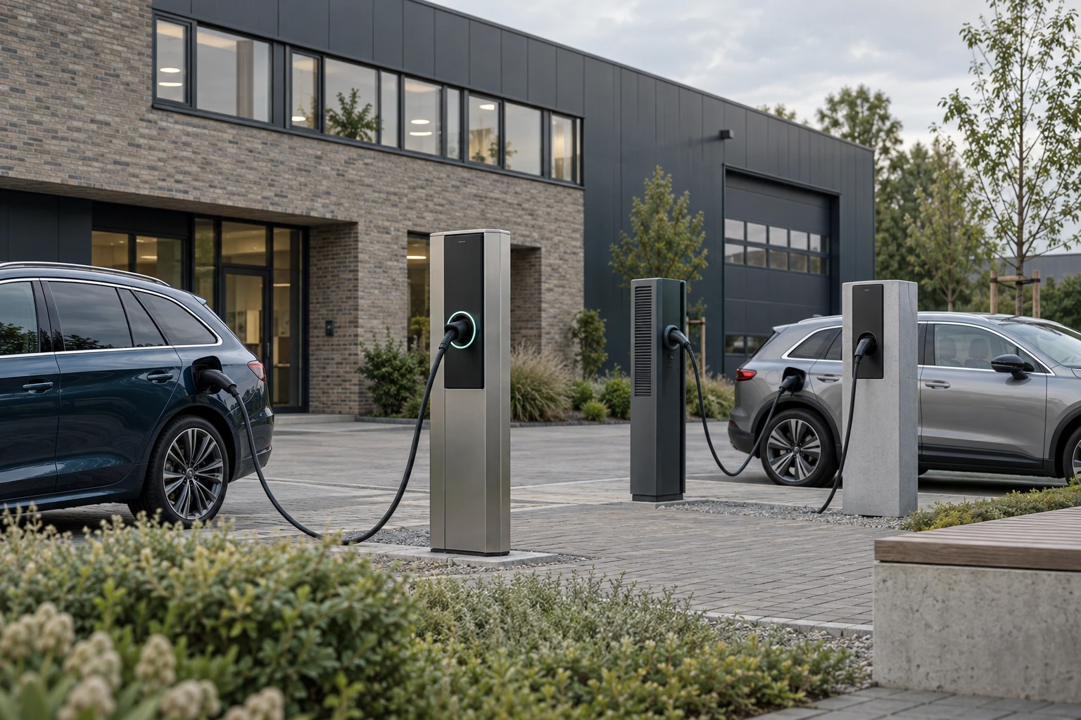 Betriebliche Stellplätze mit angeschlossenen Elektrofahrzeugen – generiertes Symbolmotiv.