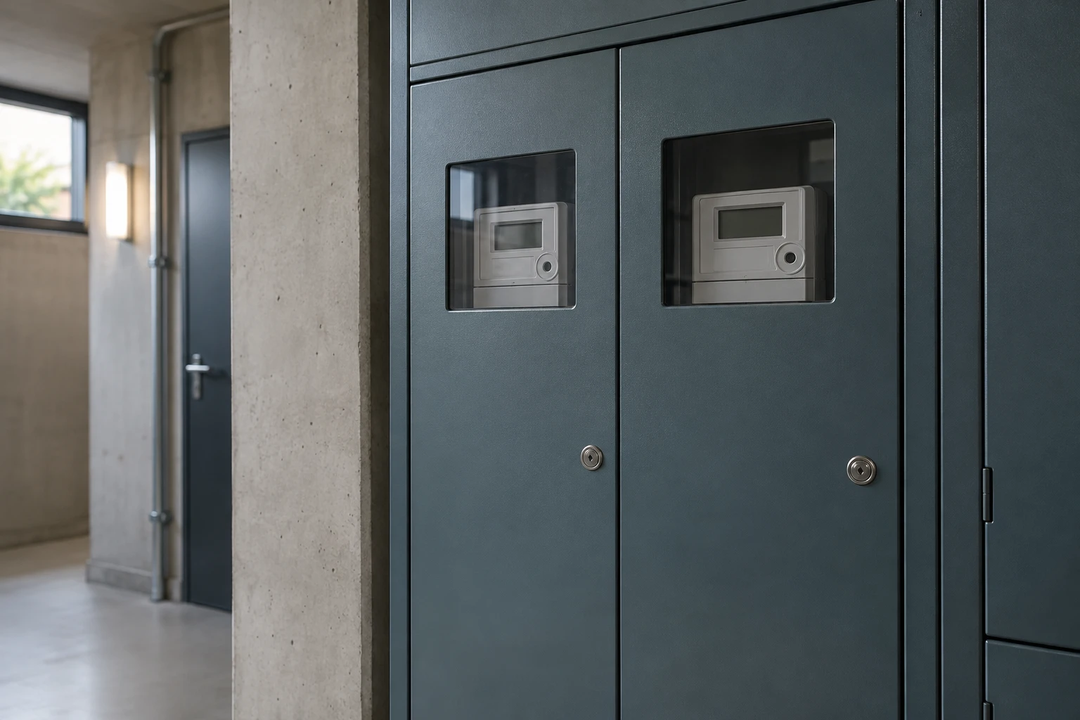 Geschlossener Zählerschrank mit rechteckigen digitalen Stromzählern – generiertes Symbolmotiv