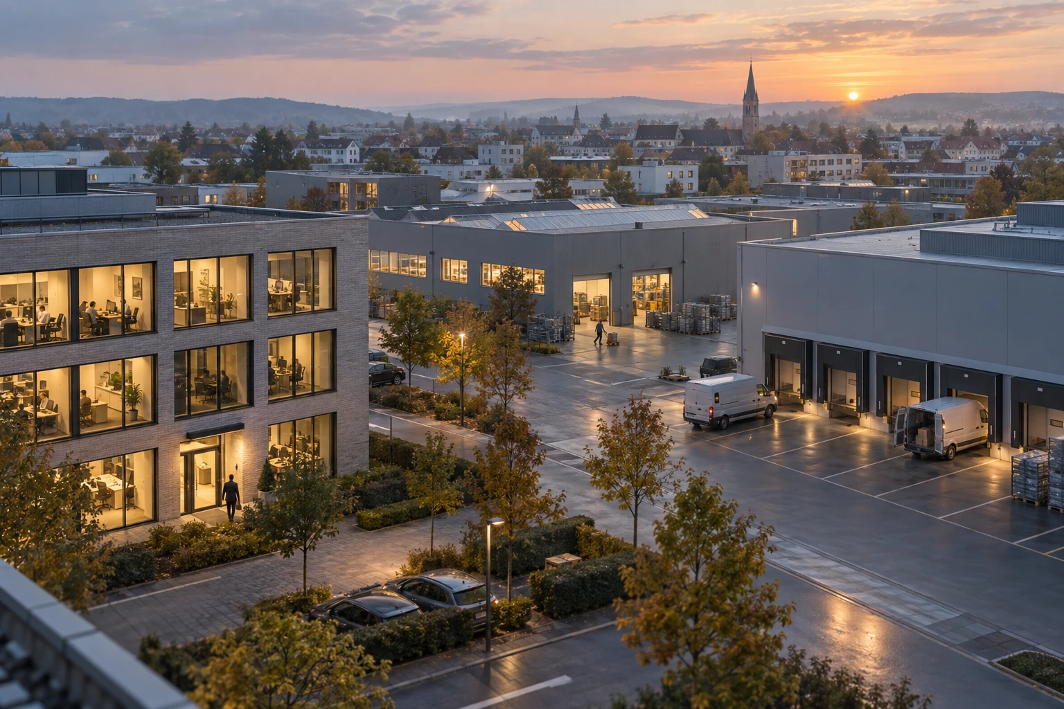 Büro-, Produktions- und Logistikgebäude zu Arbeitsbeginn – generiertes Symbolmotiv