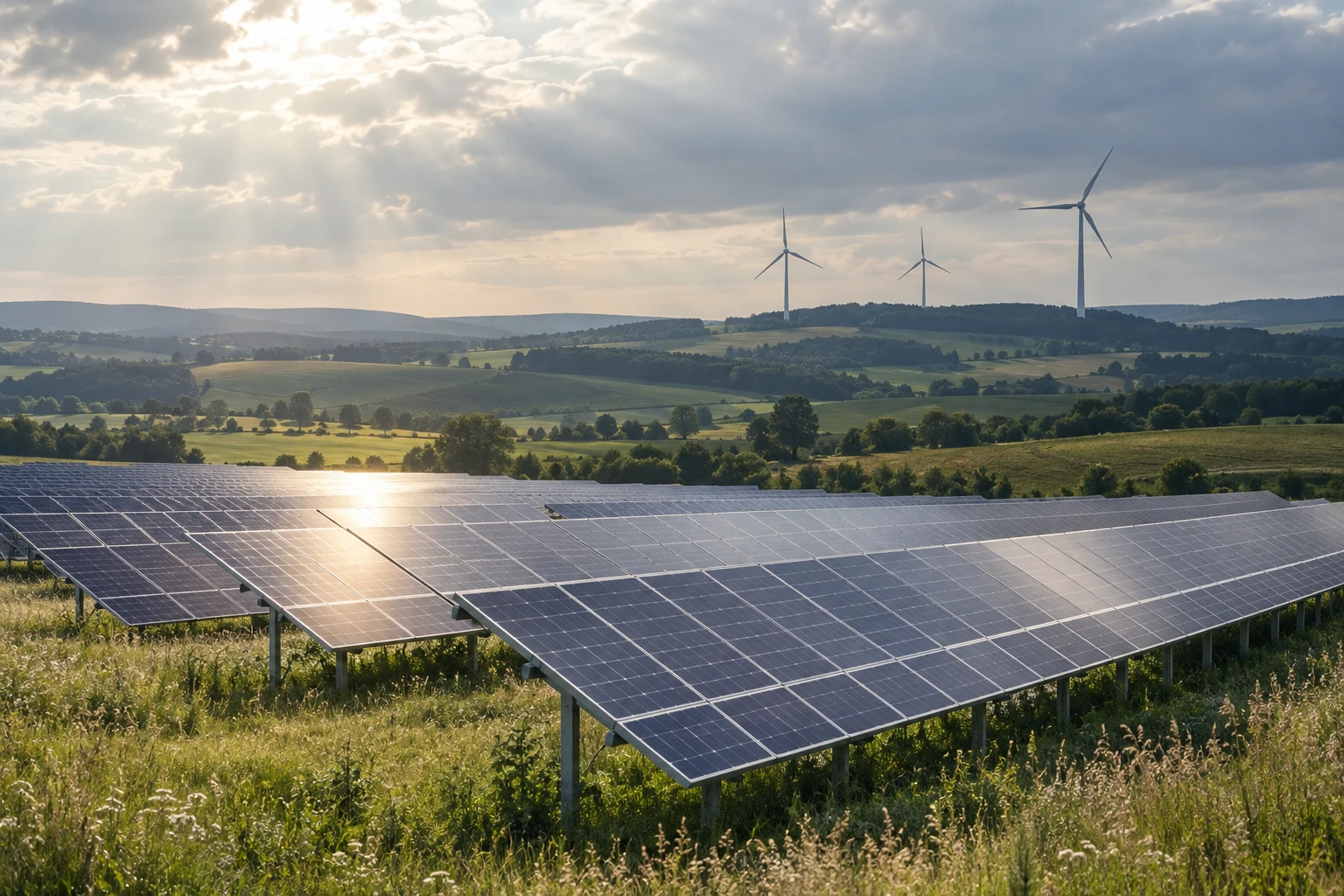 Photovoltaikfeld und Windenergieanlagen unter wechselnder Bewölkung – generiertes Symbolmotiv.