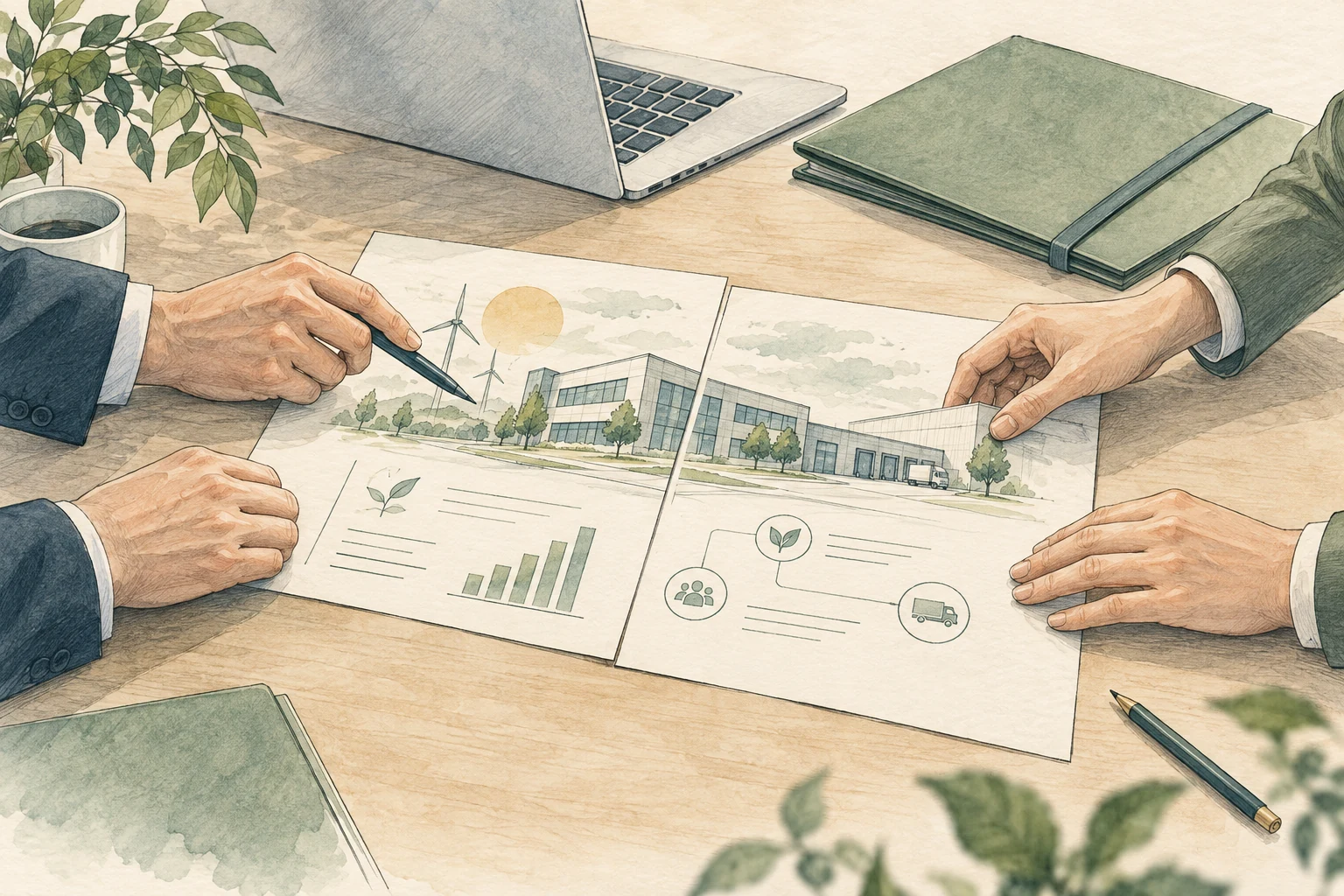 Illustration: Zwei Personen stimmen eine Energie-Beschaffungsplanung am Tisch ab