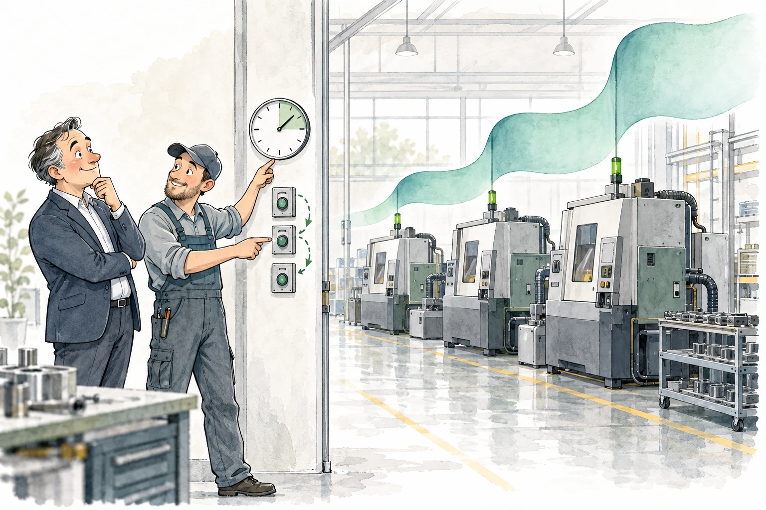 Two experts observe machines starting simultaneously and a symbolic load curve.