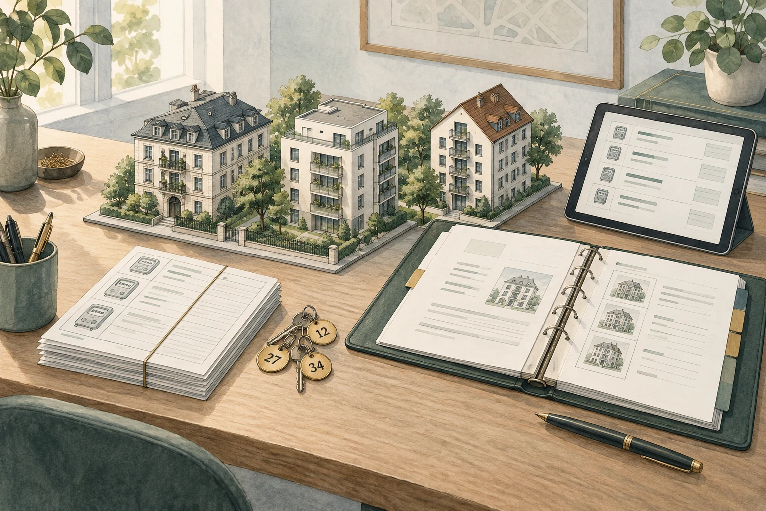 Illustration : portefeuille de bâtiments avec documents de consommation, données des compteurs et clés