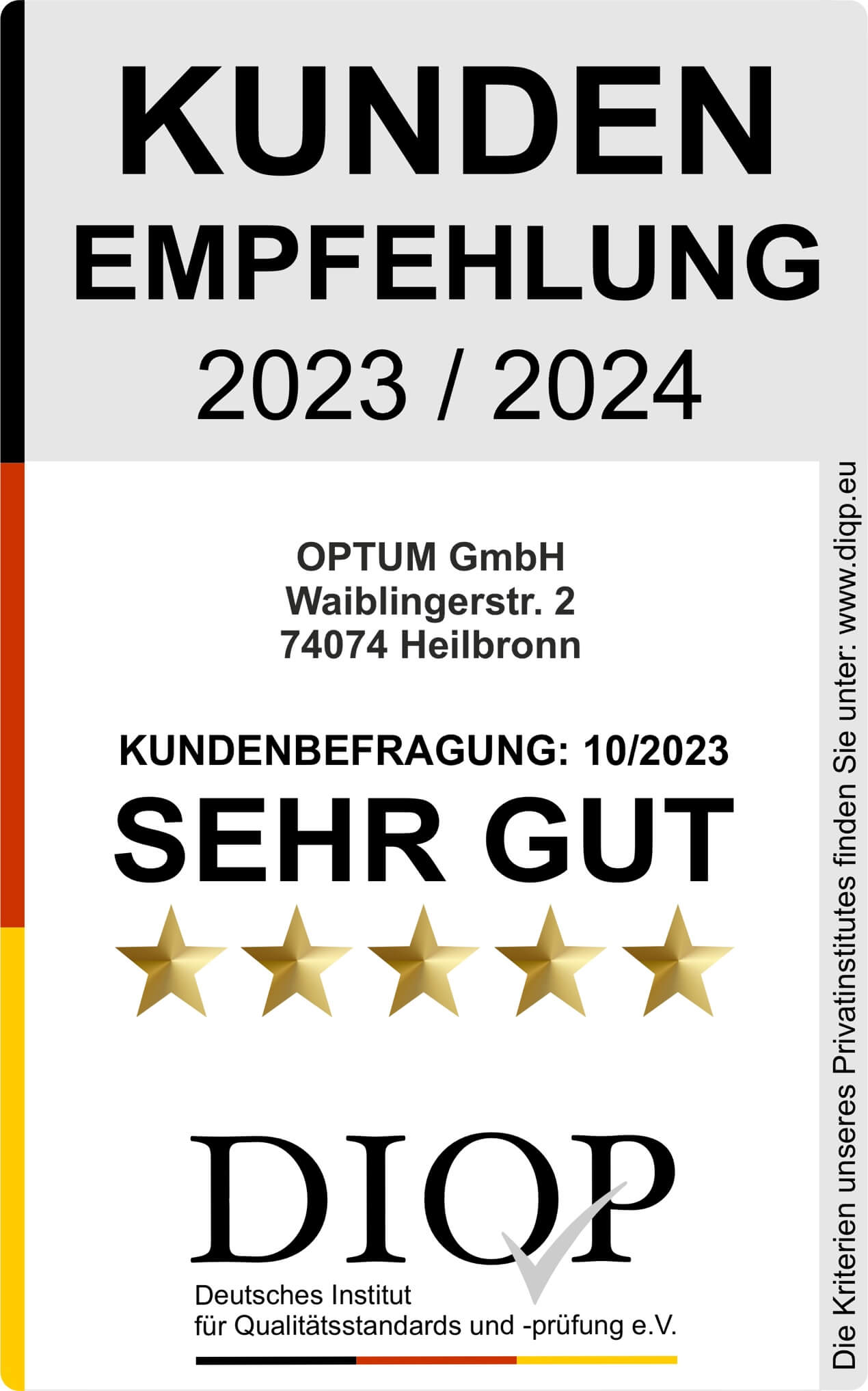 DIQP Kundenempfehlung 2023/2024: SEHR GUT, Befragung Oktober 2023