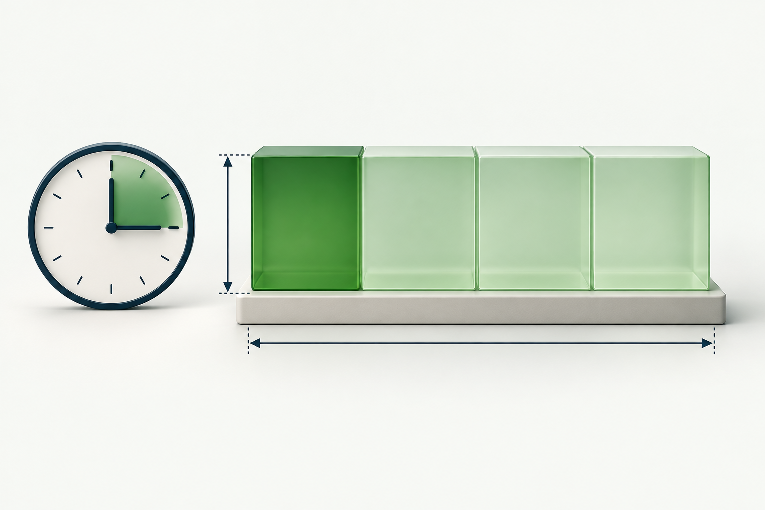Vier gleich hohe Energieblöcke; ein Block und ein Viertel der Uhr sind hervorgehoben.