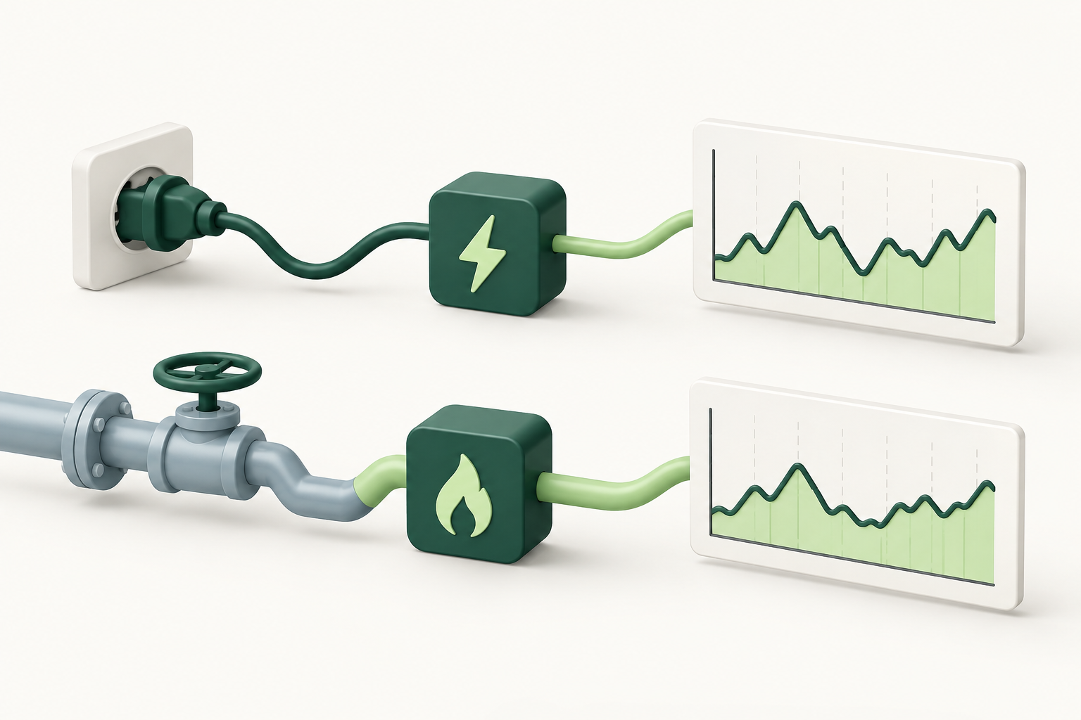 Getrennte Strom- und Gasflüsse mit eigenen Diagrammen.